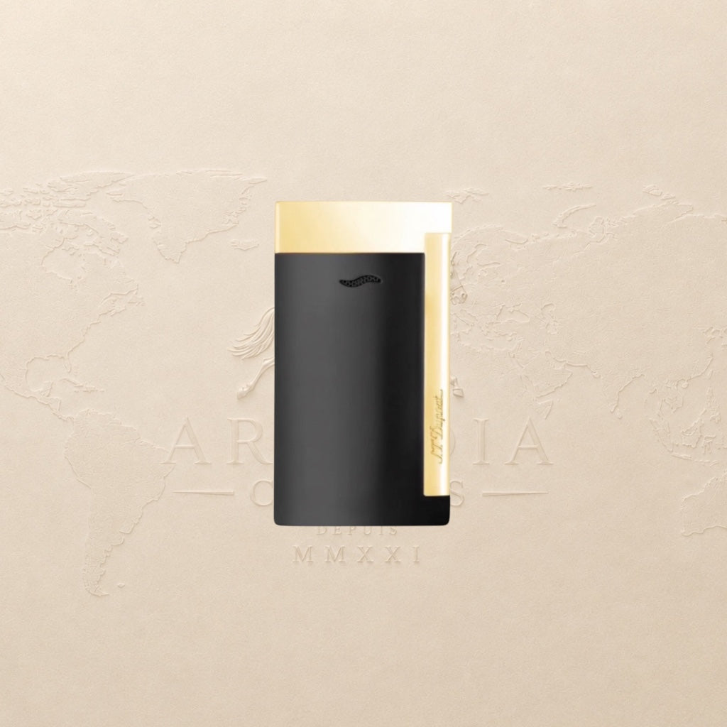 Arcadia Cigars S.T. Dupont Slim 7 black lacquered lighter with gold trim and single torch flame.