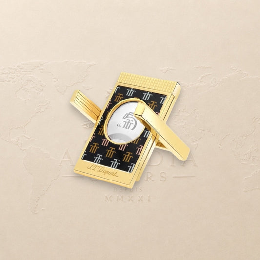 Arcadia Cigars S.T. Dupont Trinidad cigar cutter with gold finish and black lacquer body featuring the Trinidad "Golden T" motif.