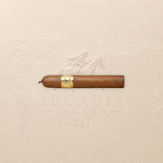 Arcadia Cigars Trinidad Reyes Petit Corona cigar with a golden band, medium strength, creamy, woody, and spicy notes.