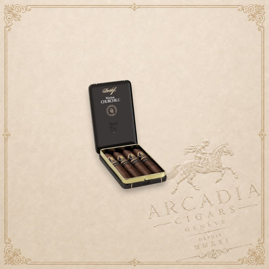Arcadia Cigars Winston Churchill Late Hour Belicoso cigars in a black metal tin with gold branding