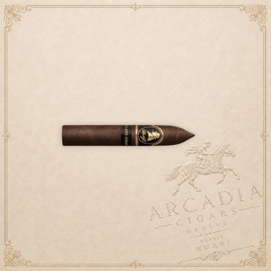 Arcadia Cigars Winston Churchill Late Hour Belicoso cigar with a dark Ecuadorian wrapper on a textured background.