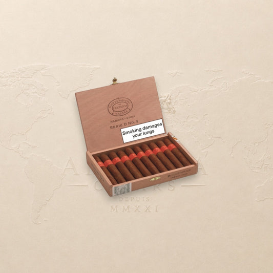 Arcadia Cigars Partagás Serie D No.4 robusto cigars in wooden box. Earthy, peppery, cocoa notes.