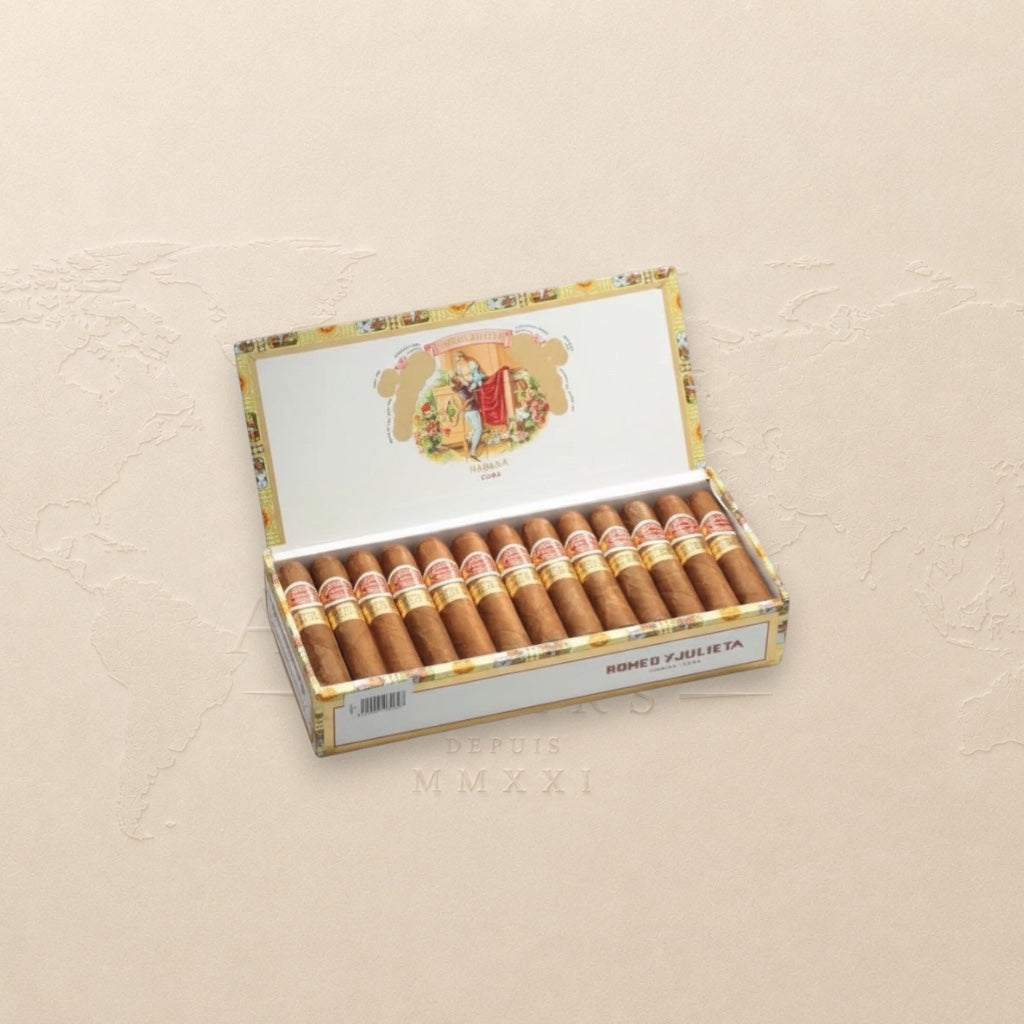 Arcadia Cigars Romeo y Julieta Petit Churchills box of 25 Cuban cigars. Medium strength Petit Robusto format.